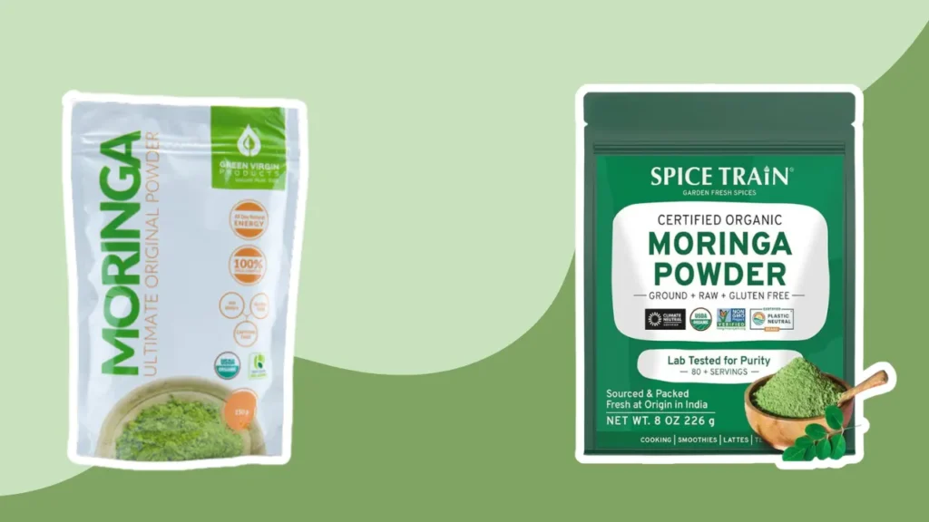 SPICE TRAIN Organic Moringa Powder vs Green Virgin Products Moringa Ultimate Organic Powder sustainability sourcing