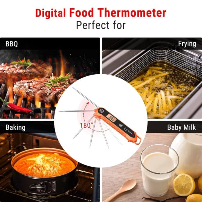 A digital food thermometer with a 180-degree foldable probe, ideal for measuring temperatures of BBQ, frying, baking, and baby milk. The display screen shows an accurate temperature reading, making it a convenient tool for cooking.
